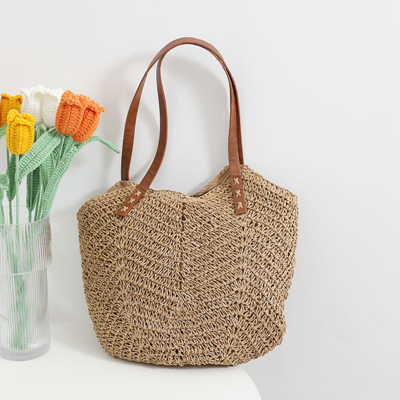 Retro Straw Bag Portable Large Capacity Shoulder Woven Bag Vacation Beach Bag Women Bag