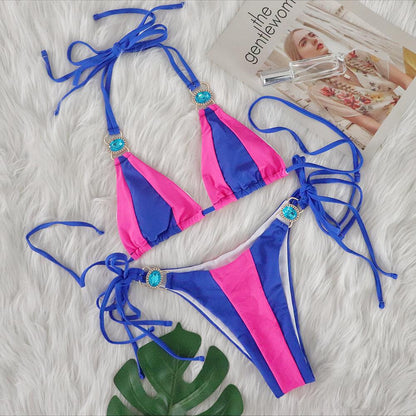 Sexy Crystal Diamond Bikini Solid Color Patchwork Bandage Swimsuit Vacation Split Women Swimsuit