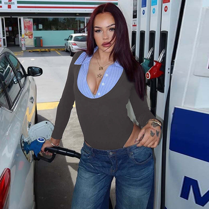 Women Clothing Winter Long Sleeve Collared Button Rib Stitching Slim Jumpsuit