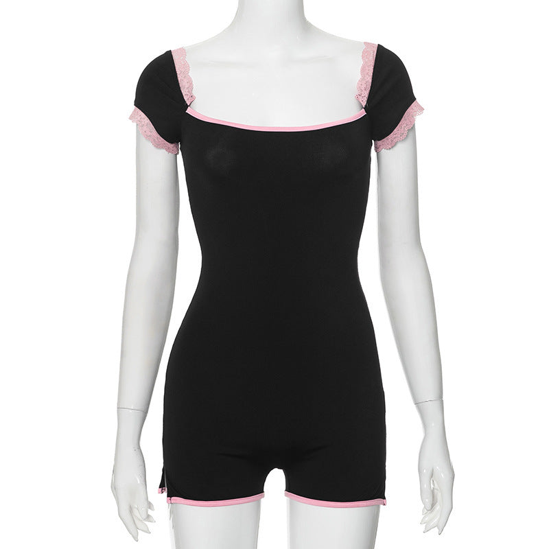 Summer Contrast Color Lace Stitching Square Collar Sexy Girl Tight Jumpsuit