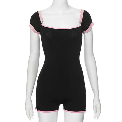 Summer Contrast Color Lace Stitching Square Collar Sexy Girl Tight Jumpsuit