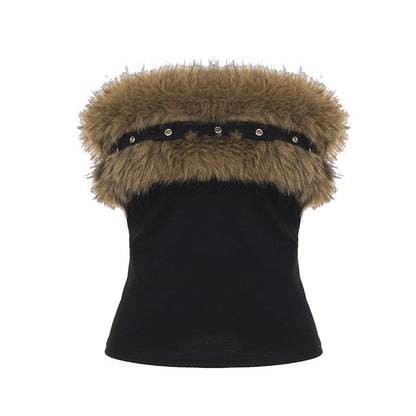 Street Sexy Furry Stitching Tube Top Women Corns Trendy Short Top