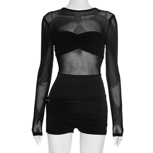 Autumn Winter Women Sexy Sexy Bare Back Slim Mesh Romper