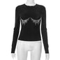 Women Clothing Summer Sexy Slim Fit Solid Color Rhinestone Long Sleeved Top
