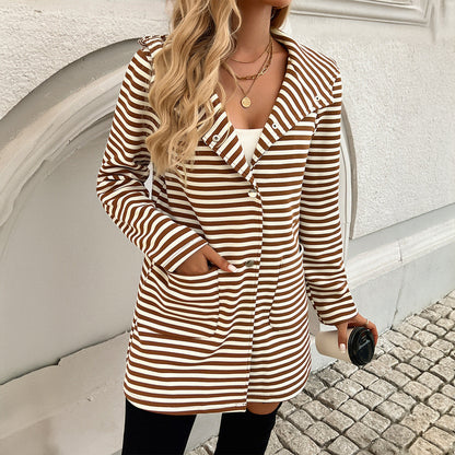 Autumn Winter Elegant Striped Cardigan Hooded Knitted Long Sleeved Coat Women Clothing