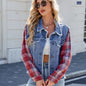 Washed Long Sleeve Stitching Plaid Tassel Denim Jacket Women