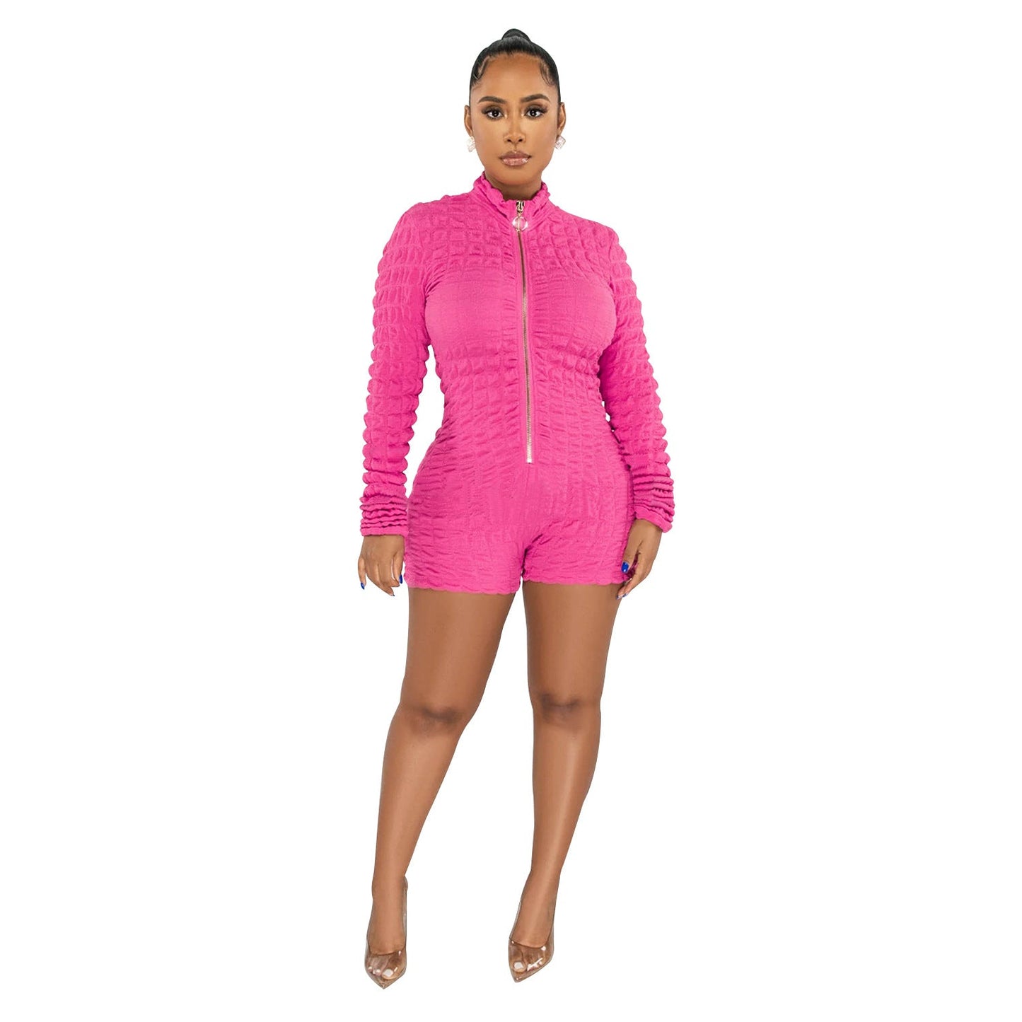 Women Wear Solid Color Long Sleeve Faux Coat Shorts Jumpsuit