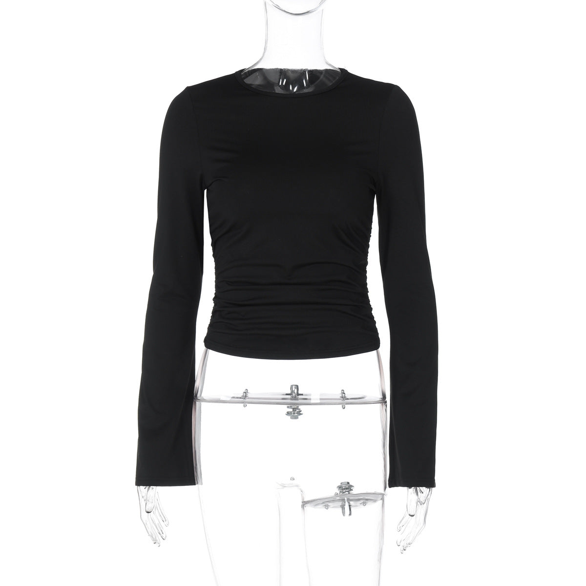 Summer Solid Color round Neck Long Sleeve Slim Fit All Match T shirt Top Women Clothing