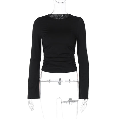 Summer Solid Color round Neck Long Sleeve Slim Fit All Match T shirt Top Women Clothing