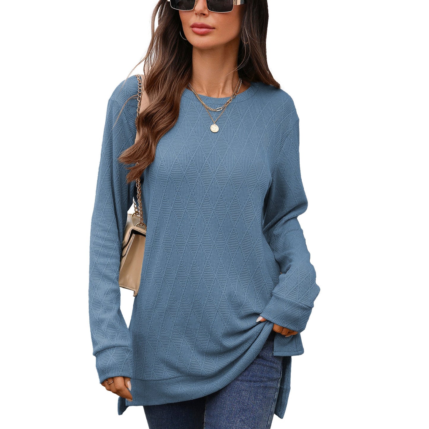 Autumn Winter round Neck Geometric Abstract Jacquard Loose Fitting Long Sleeved T shirt Top Women