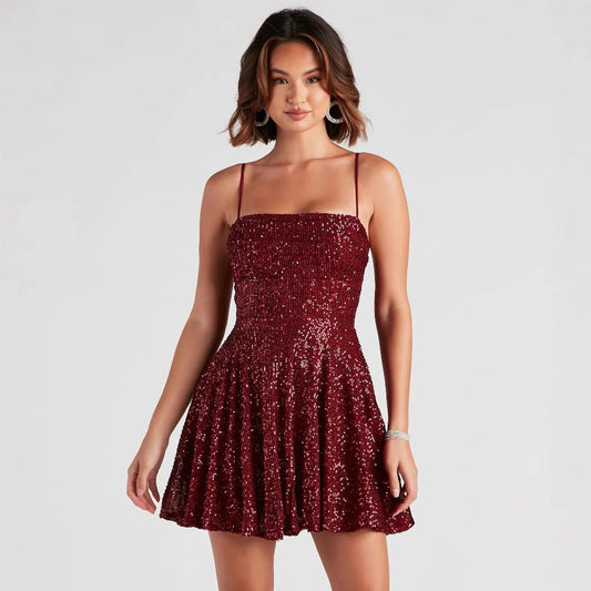 Summer Casual Sexy Sequined Suspender A line Dress Elegant