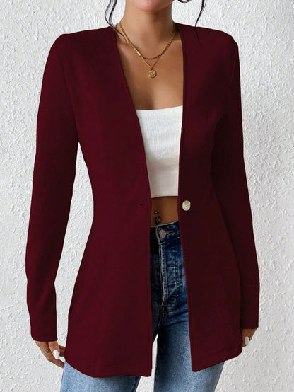 Fashionable V neck One Button Solid Color Long Sleeve Small Blazer