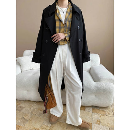 Autumn Atmosphere Fully Open Classic Collared Double Breasted Lace up Profile Trench Coat