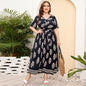 Plus Size Women Loose V neck Dress High Waist Dress Seaside Vacation Beach Dress