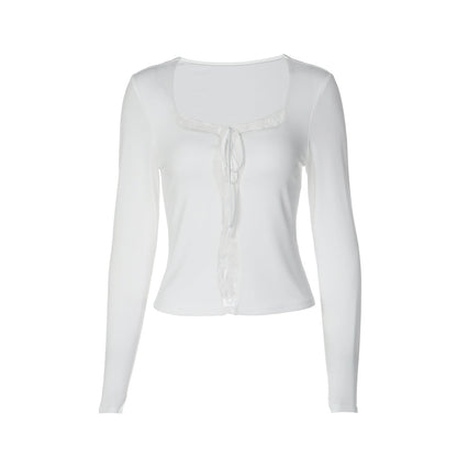 Sexy Lace Stitching Square Neck T shirt Women Autumn Slim Fit Bottoming Shirt