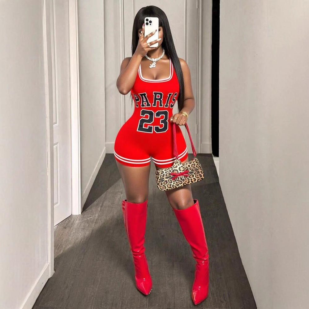 Summer Women Sexy Slim Fit Printed Suspenders U Collar Hip Shorts Jumpsuit Women