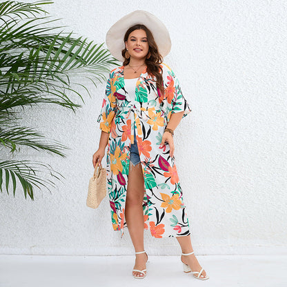 Plus Size Casual Vacation Sun Protection Clothing Bohemian Loose Printed Beach Shawl