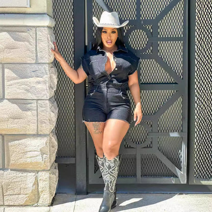 Women Clothing Sexy Short Sleeve Stretch Denim Romper Summer Jumpsuit