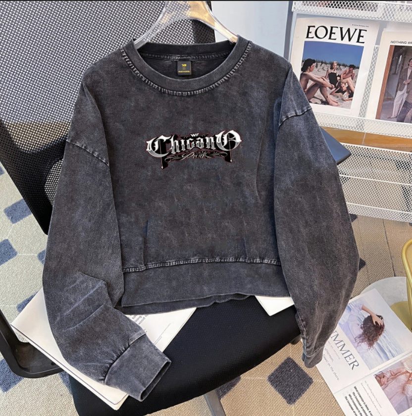 Washed Short Sexy round Neck Sweater Autumn Winter Korean Loose Small Loose Top Long Sleeve Brand