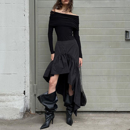 Fall Design High Waist Open Leg Layered Ruffled Cotton Irregular Asymmetric Skirt for Women