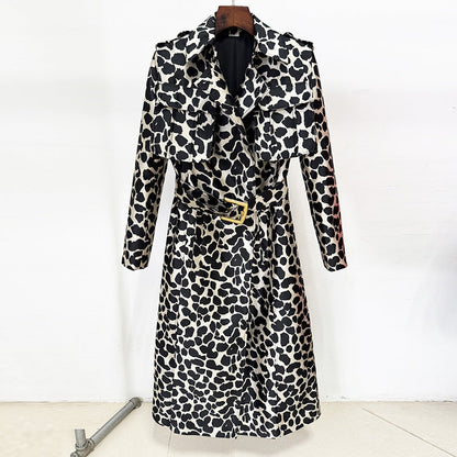Autumn Winter Belt Leopard Jacquard Long Trench Coat