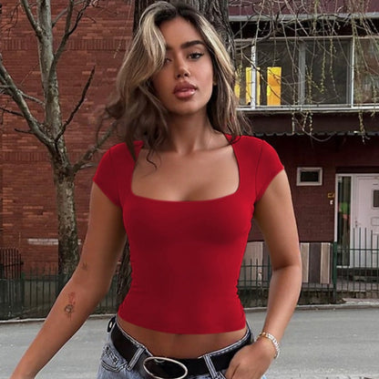 Sexy Women Clothing Summer Solid Color Square Collar Short Sleeve Slim Fit Slimming T shirt Vest Top