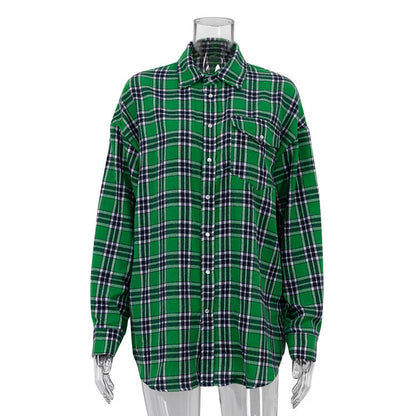 Retro Plaid Shirt Women Casual Plaid Top All Matching Collared Loose Mid Length Shirt