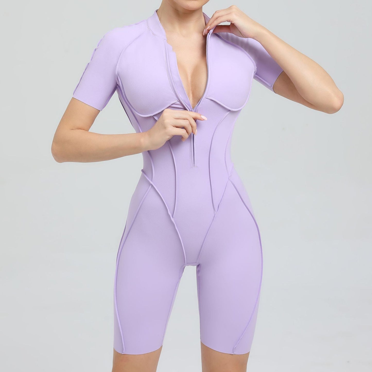 Summer Zipper Short Sleeve Outer Wear Fitness Yoga Jumpsuit Women Dance Tight Sports Jumpsuit