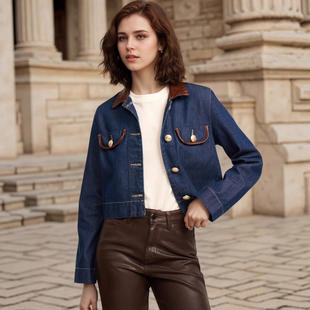 Button Embellishment with Leather Patchwork Collar Pocket Details Design Elegant Imitation Denim Jacket