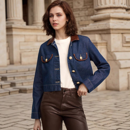 Button Embellishment with Leather Patchwork Collar Pocket Details Design Elegant Imitation Denim Jacket