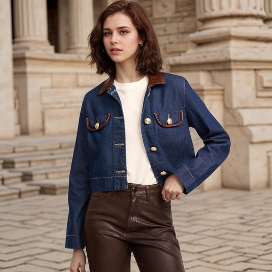 Button Embellishment with Leather Patchwork Collar Pocket Details Design Elegant Imitation Denim Jacket