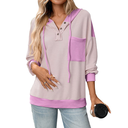 Pullover Women Clothing Autumn Winter Women Contrast Color Twist Strip Hooded Sweater