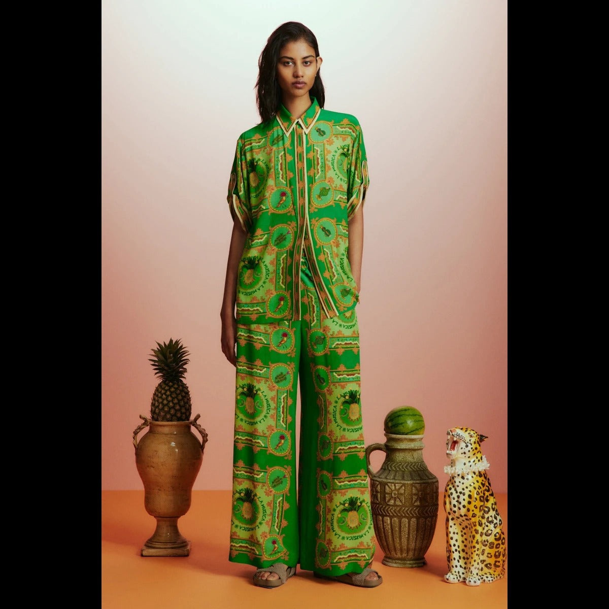 Personalized Stylish Print Vacation Green Casual Tether Two Piece Sets Women