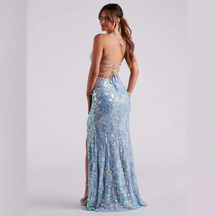 Sexy off Neck Sequined Floor Evening Dress Elegant Slit Cocktail Dress (3 Colors)