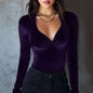 Women Clothing Autumn Winter Sexy Sequ Slim V neck Velvet Long Sleeve T shirt