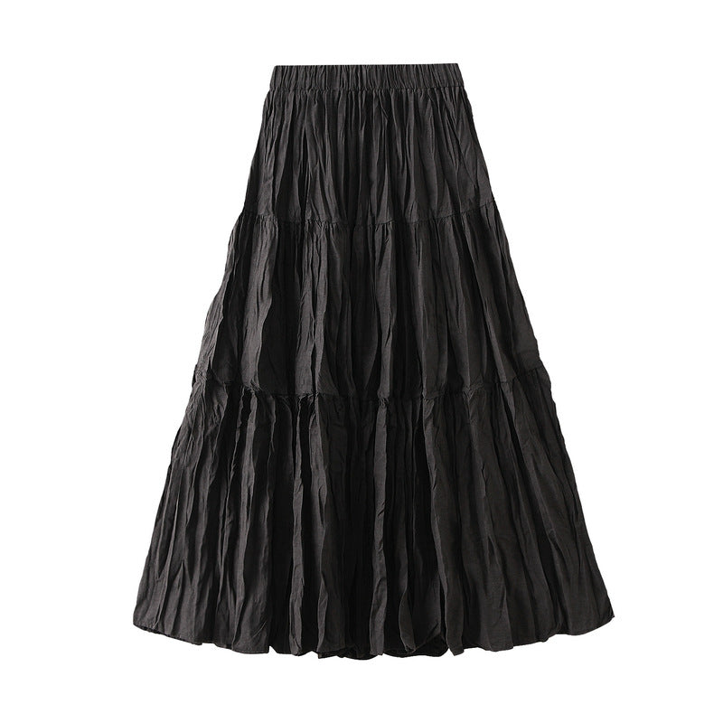 Retro Draped Dress Big Swing Mid Length Skirt Autumn Patchwork Tiered