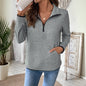 Casual Simple Sports Half Open Zipped Stand Collar Diamond Lattice Fabric Solid Color Hoodie Women
