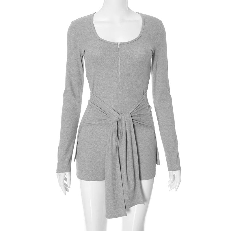 Round Neck Long Sleeve Slim Fit Lace up Waist Tight Solid Color Jumpsuit