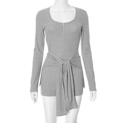 Round Neck Long Sleeve Slim Fit Lace up Waist Tight Solid Color Jumpsuit