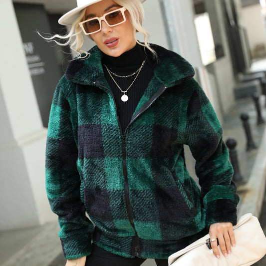 Autumn Winter Ladies Long Sleeves Stand Up Collar Plaid Regular Midi Plush Zippered Double Sided Suede Jacket