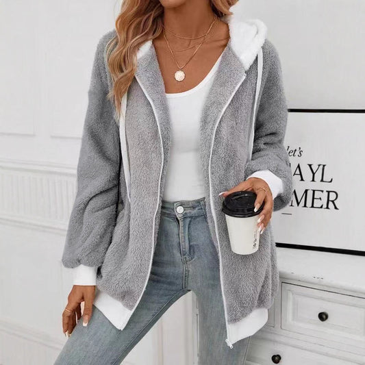 Popular Color Matching Double Sided Plush Zipper Cardigan Casual Women Autumn Winter Plush Coat