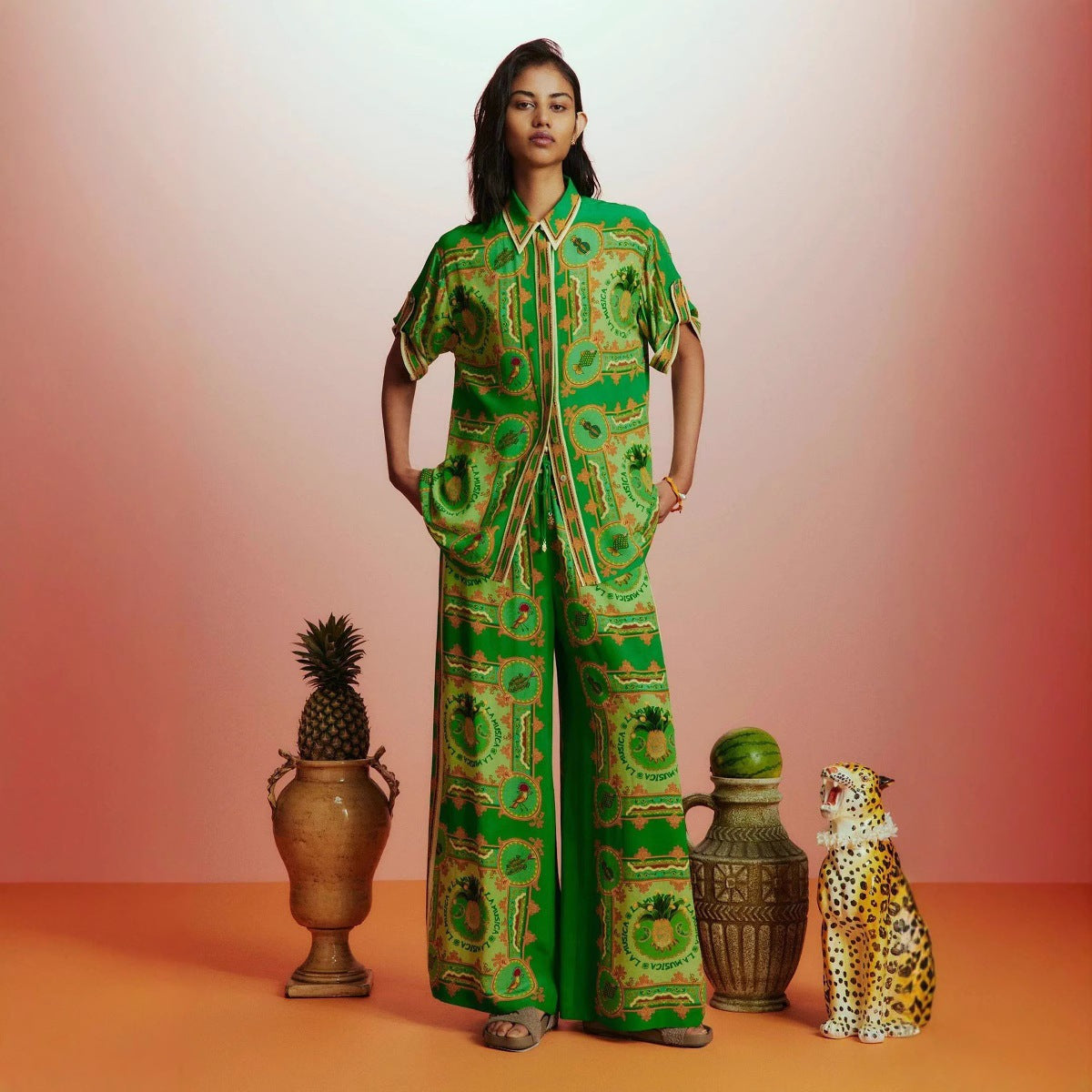 Personalized Stylish Print Vacation Green Casual Tether Two Piece Sets Women