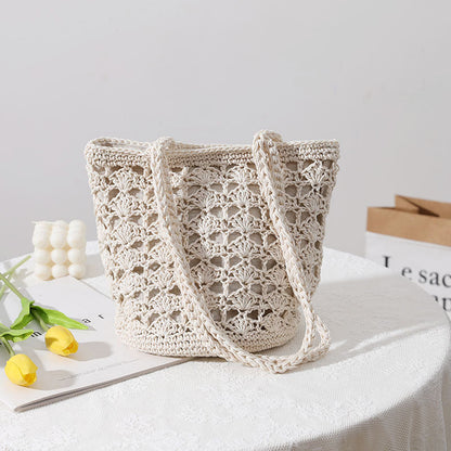 Korean Hollow Out Cutout Cotton Thread Hand Woven Bag Chi Elegant One Shoulder Portable Straw Weaved Bag Seaside Vacation Beach Bag