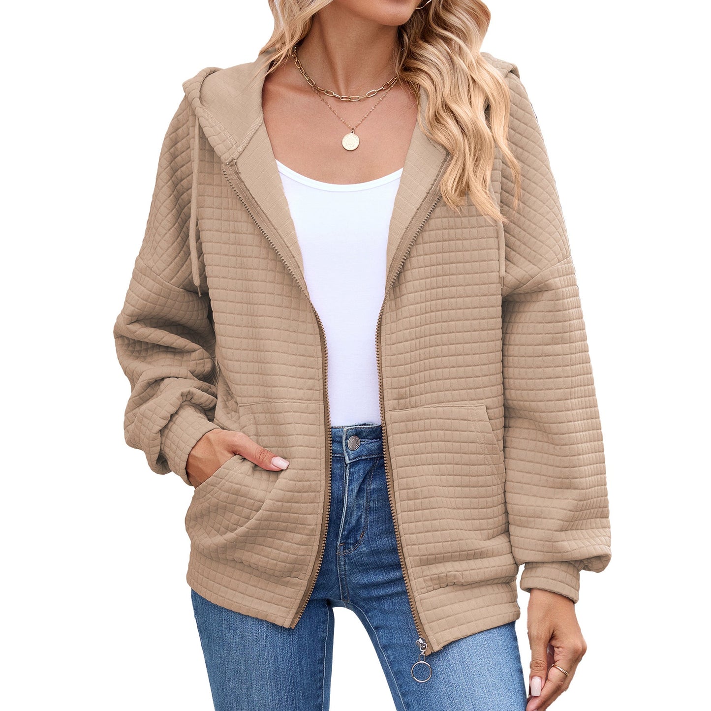 Autumn Winter Solid Color Long Sleeve Zipper Hooded Pocket Sweatshirt Coat Women