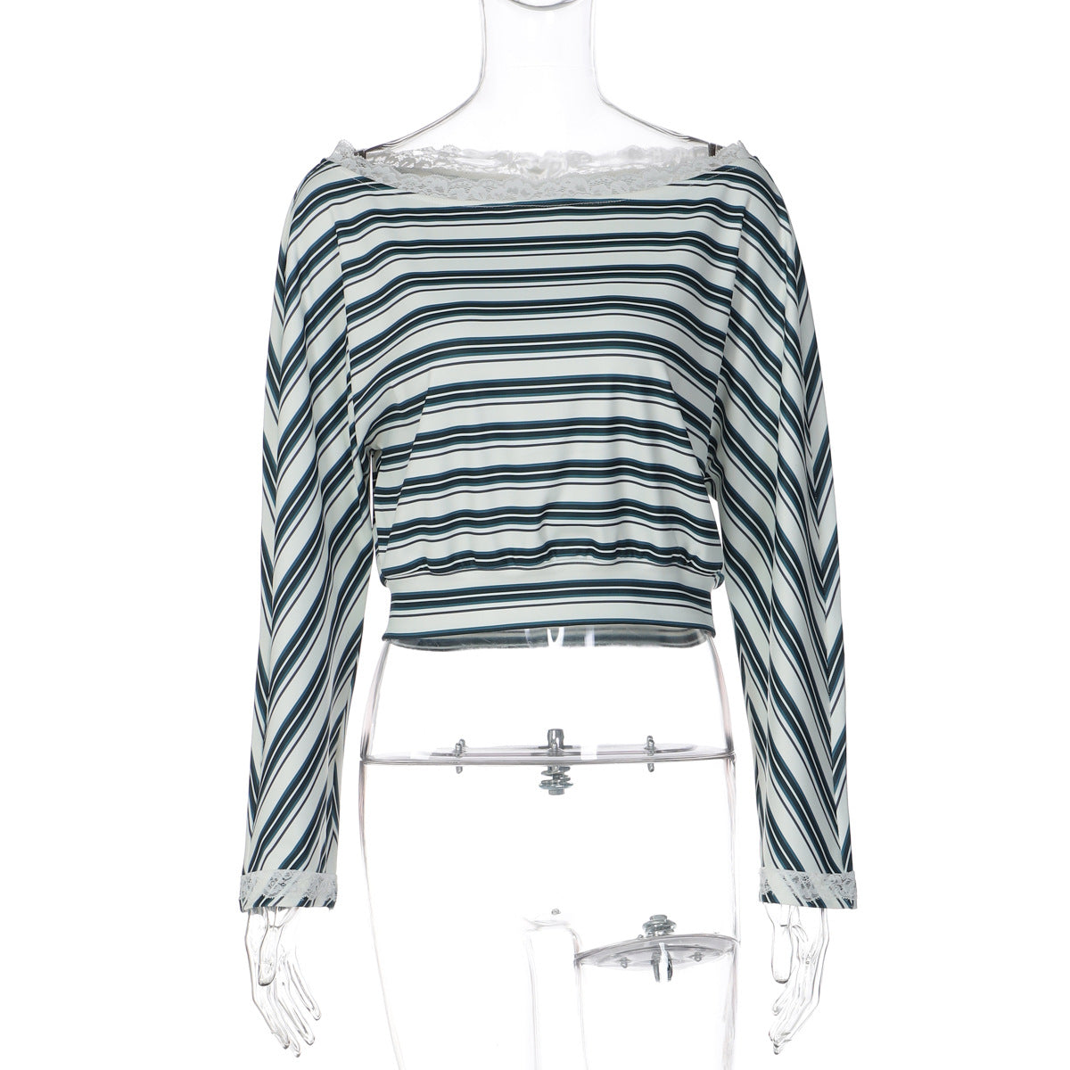 Striped Long Sleeved T shirt for Women Autumn Winter Lace Knitted Top for Women