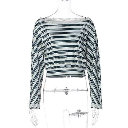 Striped Long Sleeved T shirt for Women Autumn Winter Lace Knitted Top for Women