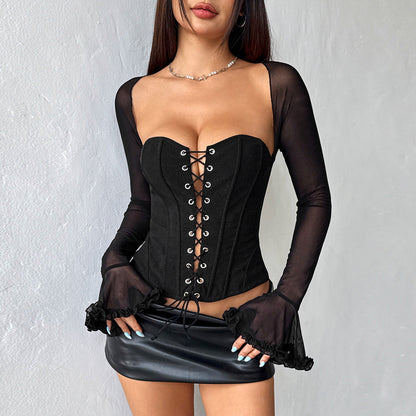 Women Autumn Sexy Mesh Stitching off Shoulder Tube Top Lace up Slimming Boning Corset T shirt