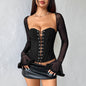 Women Autumn Sexy Mesh Stitching off Shoulder Tube Top Lace up Slimming Boning Corset T shirt