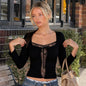 Sexy Lace Stitching Square Neck T shirt Women Autumn Slim Fit Bottoming Shirt