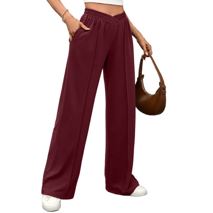 Autumn Winter Solid Color Elastic Waist Loose Straight Casual Trousers for Women